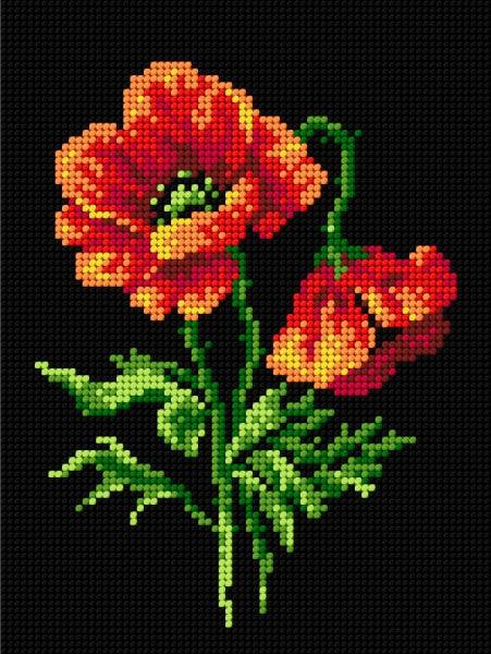 Needlepoint canvas featuring a vibrant Red Poppies design, perfect for halfstitch techniques, measuring 18x24 cm.